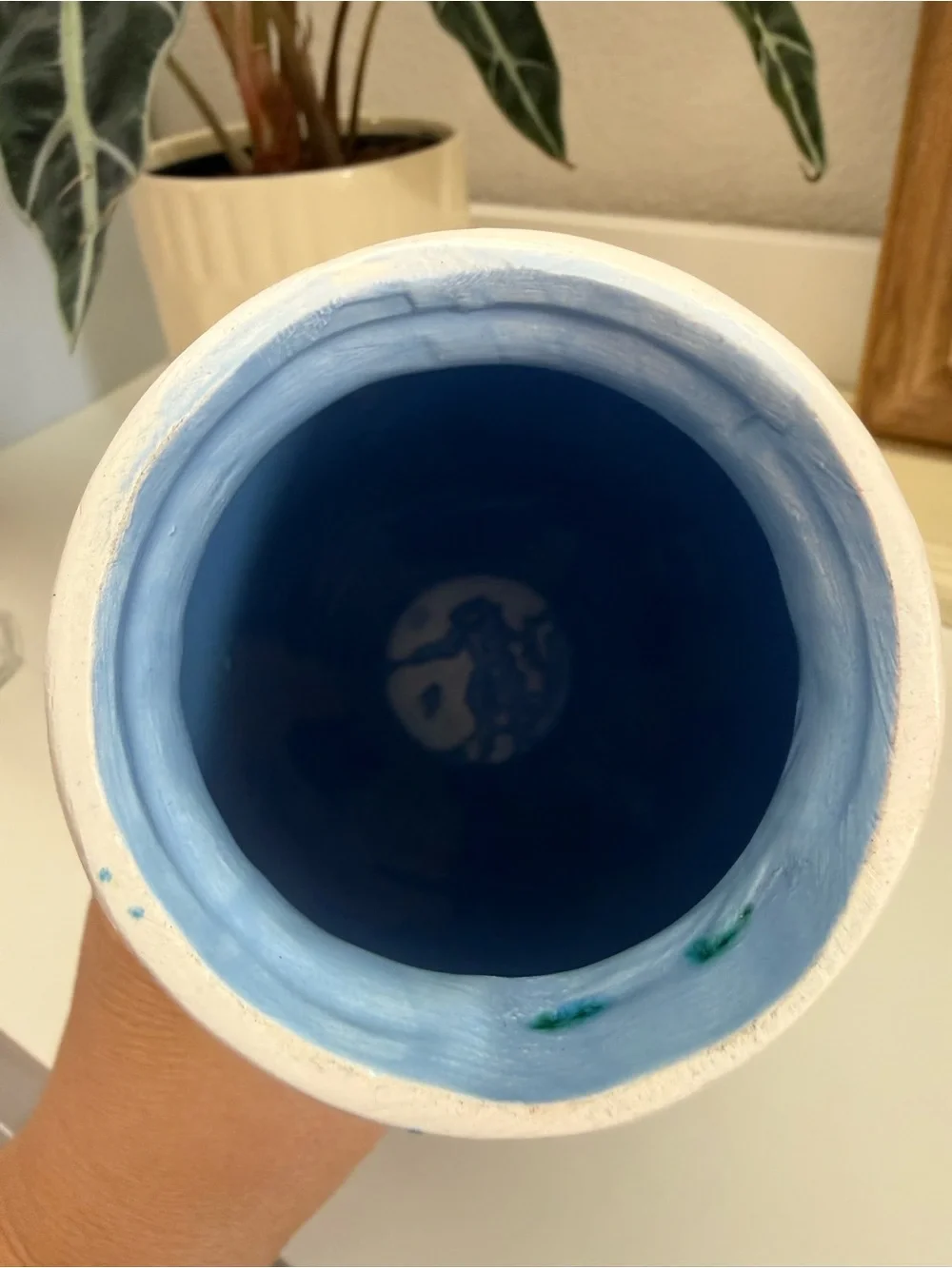 Handmade Signed White Ceramic Vase with Teal Blue Speckle